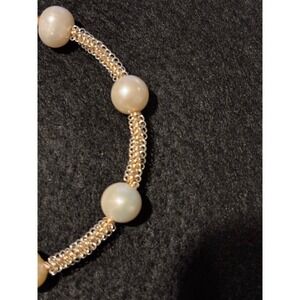 Natural Freshwater Pearl Gold Tone Woven Mesh Open Cuff Bracelet